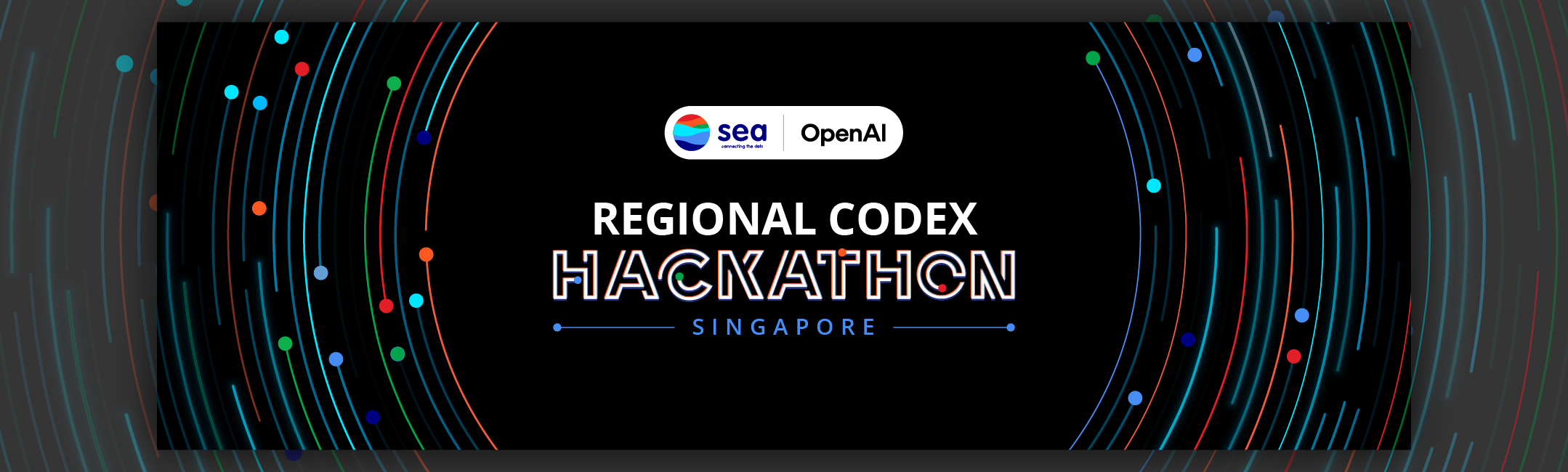 Regional Codex Hackathon Singapore — Sea x OpenAI key visual: concentric coloured light-trails on black with the Sea and OpenAI co-brand lockup
