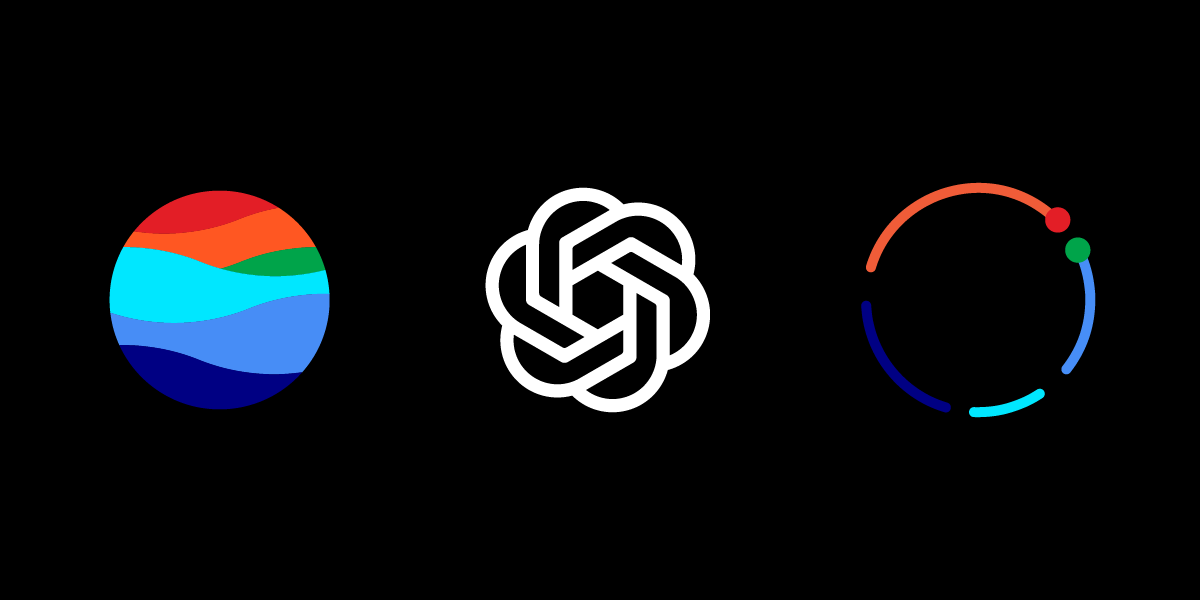 Three icons on black: Sea's circular globe logo with wavy colour bands, OpenAI's interlocking blossom mark, and the resulting circular light-trail motif